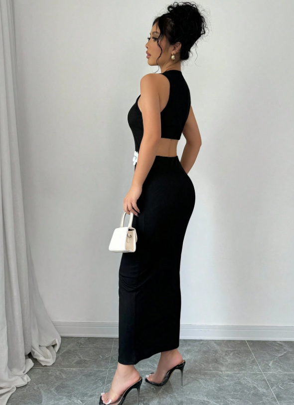 Rafferiza Vestido largo casual para mujer con cuello redondo, sin mangas y decoración floral 3D