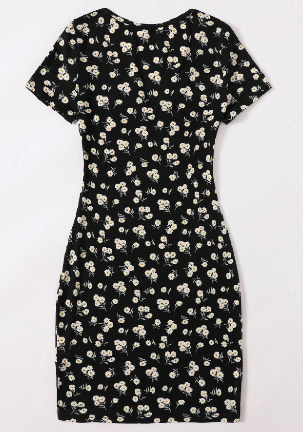SHEIN EZwear Vestido ajustado floral de margarita de cuello V