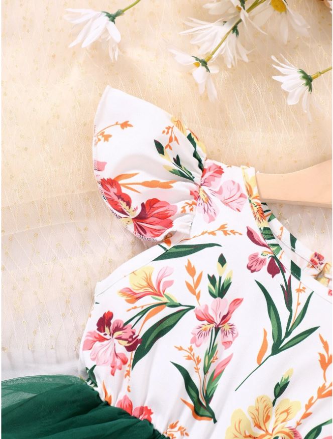 SHEIN Glamorique Kids Vestido De Línea A Con Malla De Contraste Y Estampado Floral Par