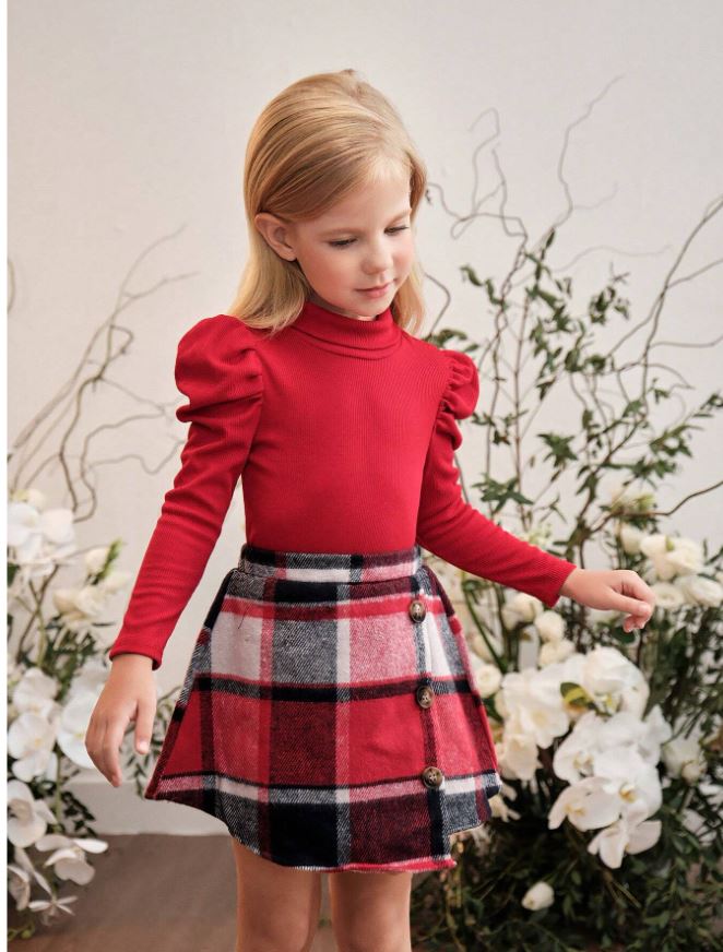 SHEIN Niña joven Camiseta de cuello simulado con mangas abombadas y falda asimétrica con estampado