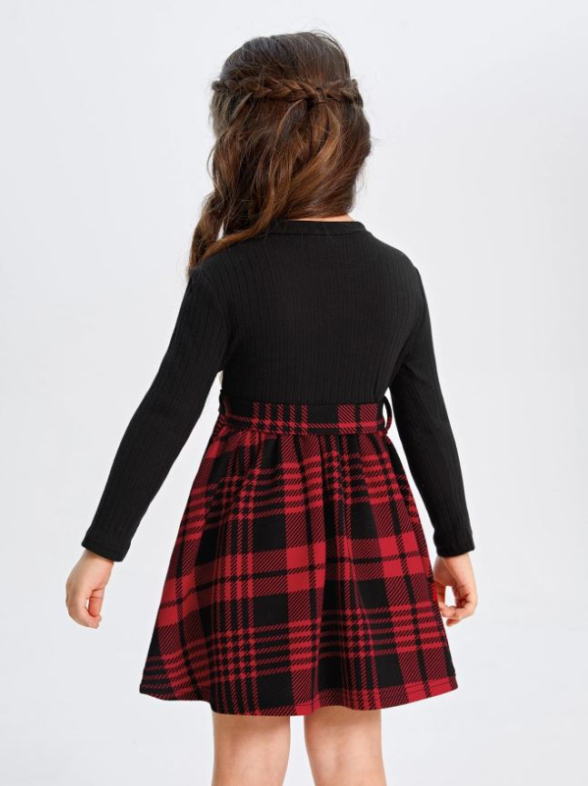 SHEIN Vestido casual a cuadros con parches y cinturón para niñas jóvenes, otoño