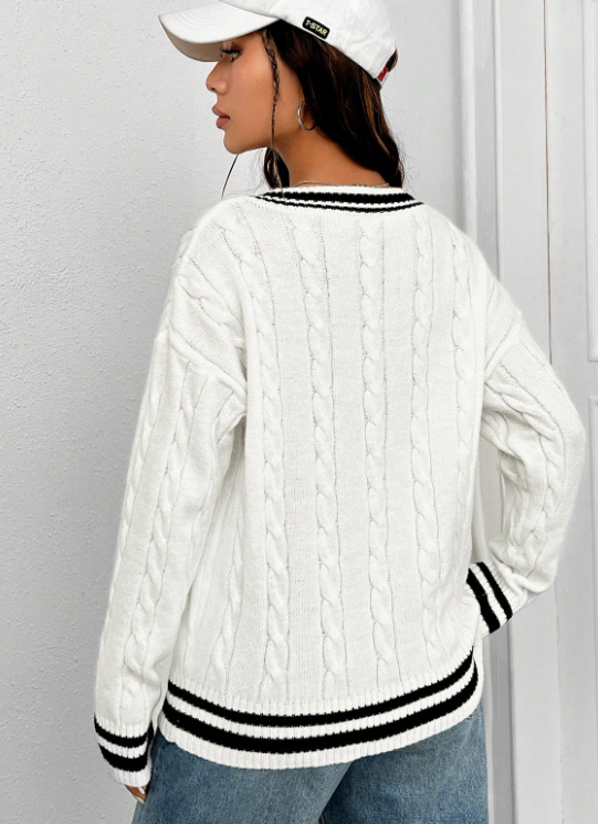 Jersey de punto de cable con ribete a rayas, de hombros caídos, de manga larga