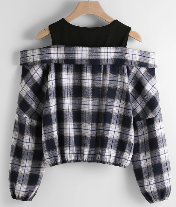 Blusa con hombros descubiertos, cierre de cremallera y diseño de cuadros