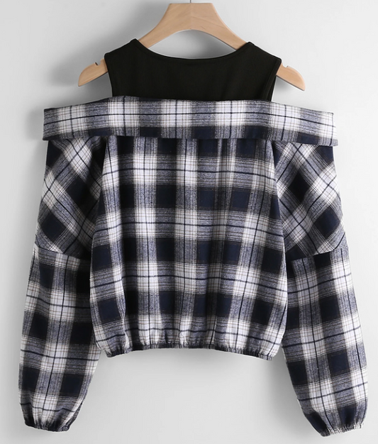 Blusa con hombros descubiertos, cierre de cremallera y diseño de cuadros