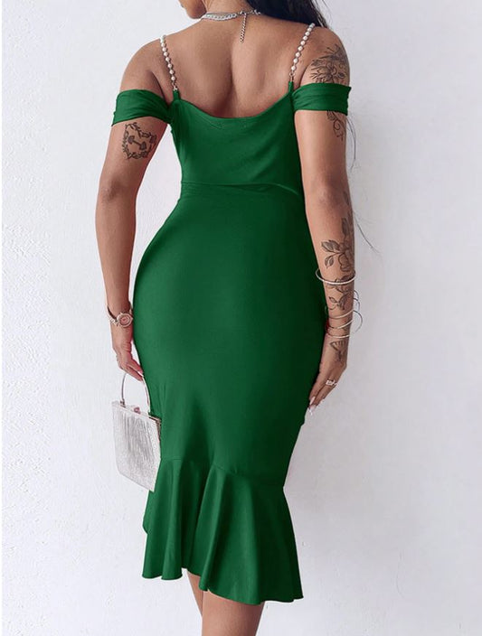 ChicMe Vestido de fiesta elegante de corte ceñido midi con escote frío, tirantes de perlas, volantes en el bajo