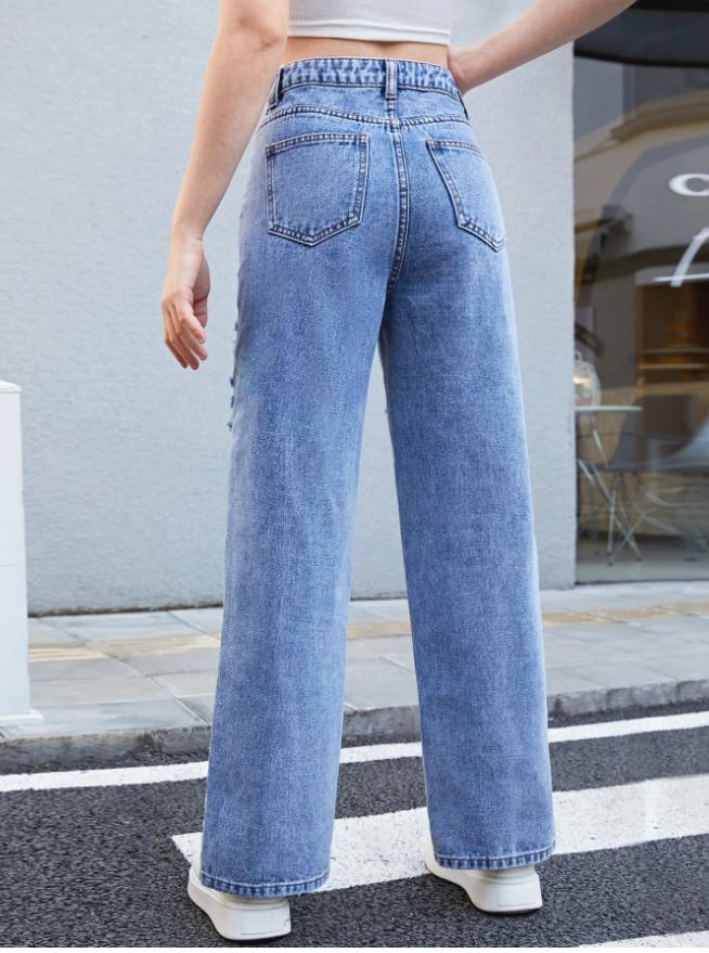 SHEIN Chicas adolescentes Jeans de pierna recta con estampado de mariposa desgarro