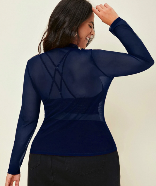 op transparente de malla con cuello alto sin tubo para tallas grandes