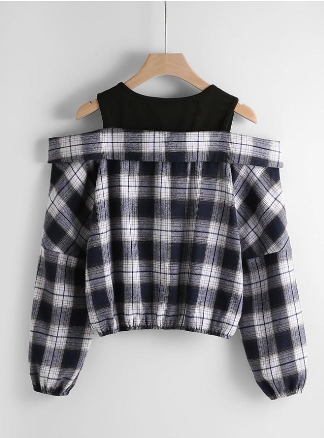 SHEIN MOOSTA Blusa con hombros descubiertos, cierre de cremallera y diseño de cuadros, manga larga