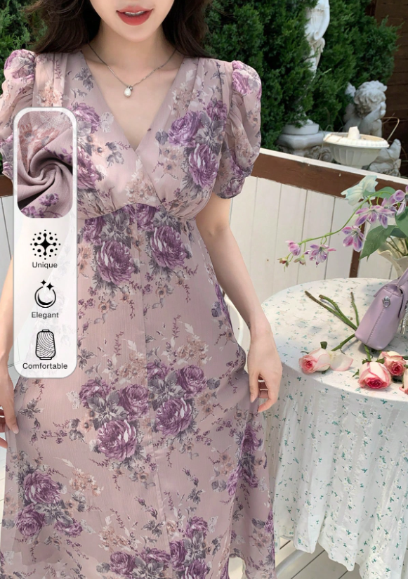 Wynsel Vestido de verano de longitud media con cuello en V y estampado floral ditsy para mujer, ideal para el Día de San Valentín