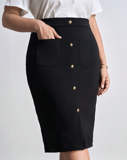 Chikora Falda ajustado con bolsillos y decoración de botones para mujer de talla grande, atuendos de oficina para mujer