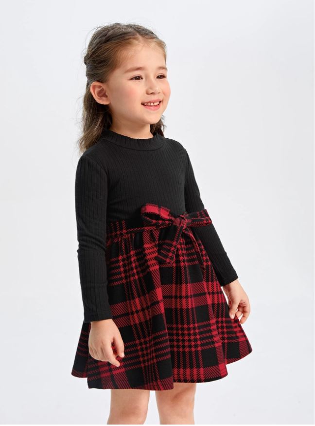 SHEIN Vestido casual a cuadros con parches y cinturón para niñas jóvenes, otoño