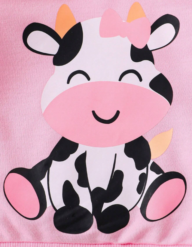 Conjunto informal de sudadera de cuello redondo de manga larga con estampado de vaca lindo de dibujos animados y pantalones deportivos