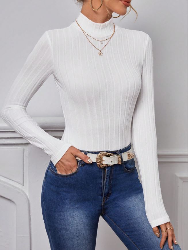 SHEIN Tall Camiseta unicolor de cuello alto tejido de canalé