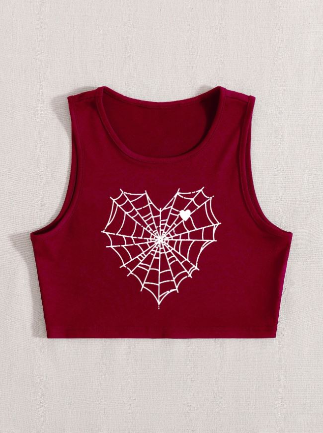 Flirla Camiseta de tirantes corta con estampado de corazón y telaraña para mujeres