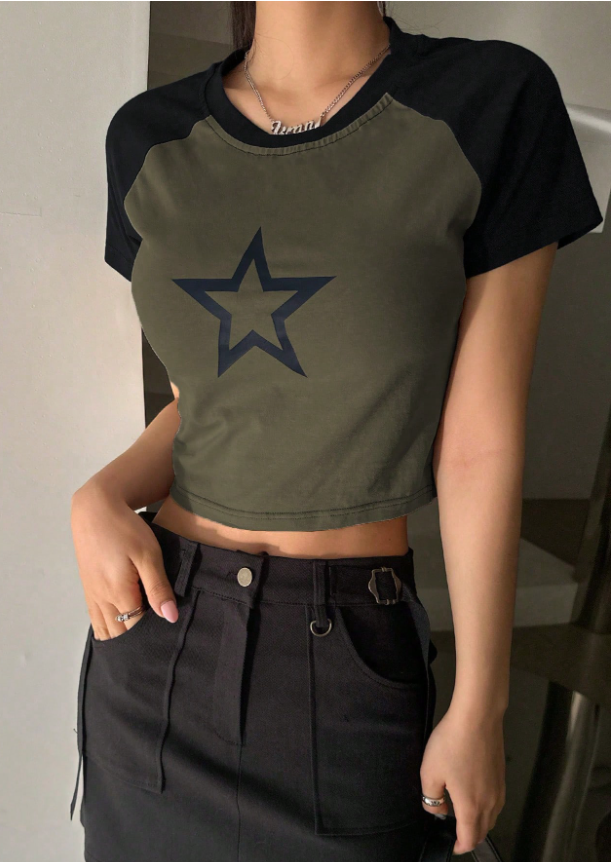 DAZY Camiseta corta con mangas raglán y estampado de estrella, estilo Y2K