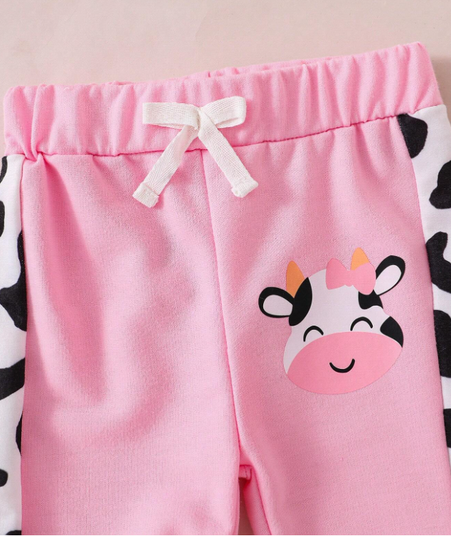 Conjunto informal de sudadera de cuello redondo de manga larga con estampado de vaca lindo de dibujos animados y pantalones deportivos